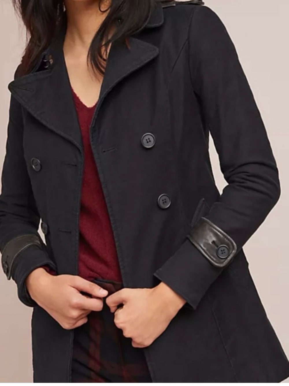 Anthropologie June Women's Black Peacoat With Leather Details